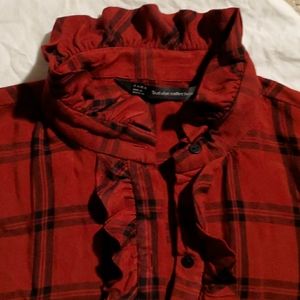 Zara Trafaluc Collection Red plaid ruffle neck top